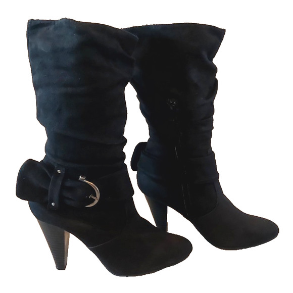 Apt. 9 Women's Black Faux Suede Mid-Calf Cone Heel Boots, Buckle Accents Size 7M - Picture 2 of 10